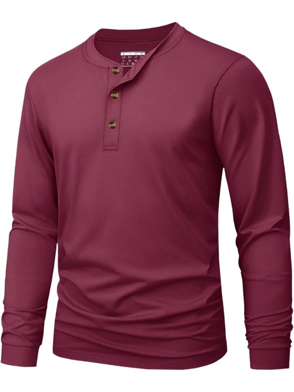 Men's Wine Red Long Sleeve Henley T-shirts Cotton 3-button Spring Casual